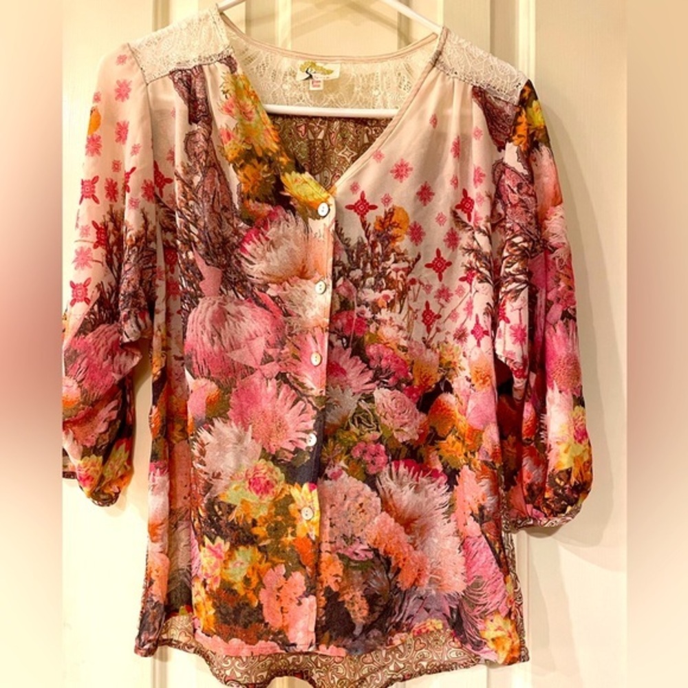Fig & Flower Anthropologie Floral Lacy Sheer Blouse Shirt Top Size Medium Petite